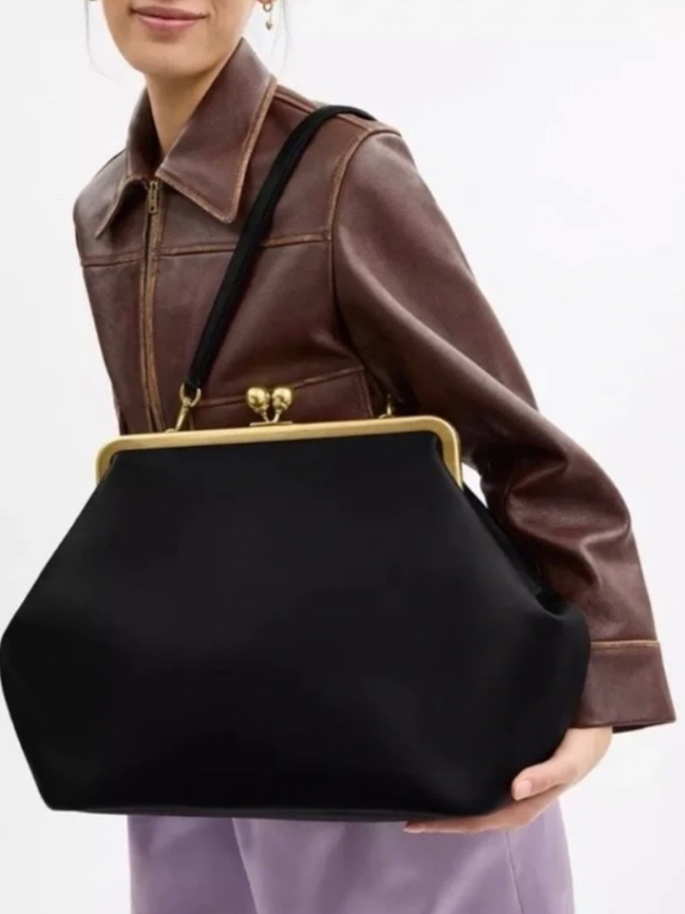 Coach Large Black/Brass Kisslock Frame Leather Shoulder Bag  Clutch CBR51 NWT
